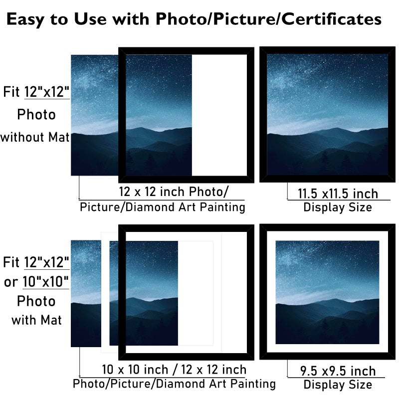 JCJMY JCJMY 12x12 Picture Frame Set of 4 Black with 10x10 Mat for 30 x 30cm Diamond Art Painting  Display Photo 10x10 with Mat or 12 x 12 Without Mat  Wall Hanging Large Frame with Plexiglass  4 Pack  Black - Image 3