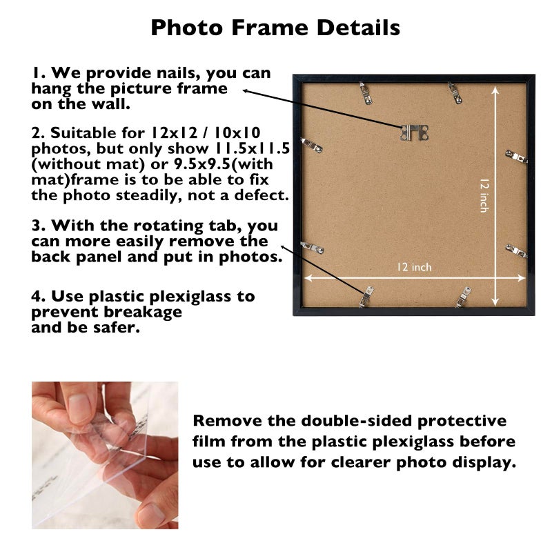 JCJMY JCJMY 12x12 Picture Frame Set of 4 Black with 10x10 Mat for 30 x 30cm Diamond Art Painting  Display Photo 10x10 with Mat or 12 x 12 Without Mat  Wall Hanging Large Frame with Plexiglass  4 Pack  Black - Image 5