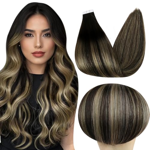Full Shine Hair Tape in Extensions 18Inch Remy Tape in Hair Extensions Color 1B Off Black Fading to 27 Honey Blonde And Off Black 50G Invisible Tape Hair Extensions Real Human Hair for Wedding 20Pcs - Image 2