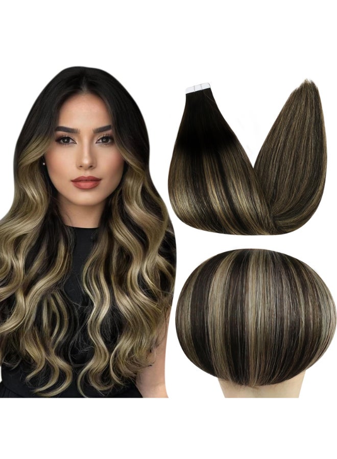 Full Shine Hair Tape in Extensions 18Inch Remy Tape in Hair Extensions Color 1B Off Black Fading to 27 Honey Blonde And Off Black 50G Invisible Tape Hair Extensions Real Human Hair for Wedding 20Pcs - Image 3