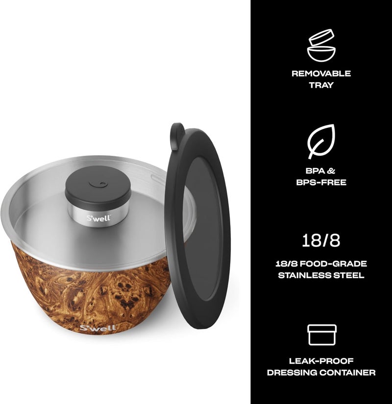S'well Stainless Steel Salad Bowl Kit - 64oz, Teakwood - Comes with 2oz Condiment Container and Removable Tray for Organization - Leak-Proof, Easy to Clean, Dishwasher Safe - Image 3