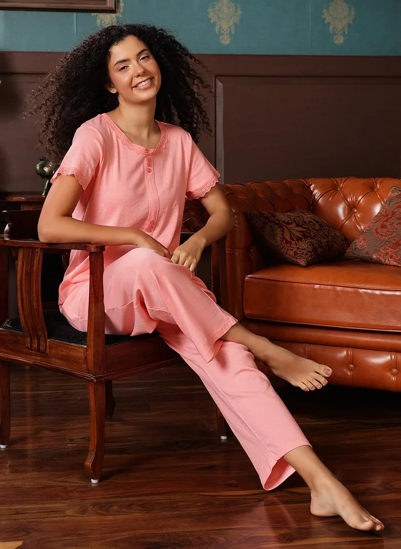 كلوفيا Clovia Top & Pyjama Set in Peach Colour - Cotton