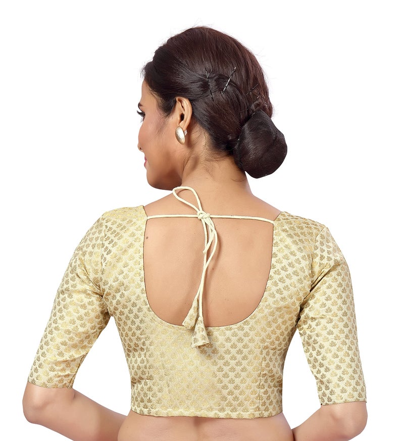 Studio Shringaar Women's Readymade Brocade Saree Blouse with Elbow Length Sleeves (2157-Cream, 46) - Image 4