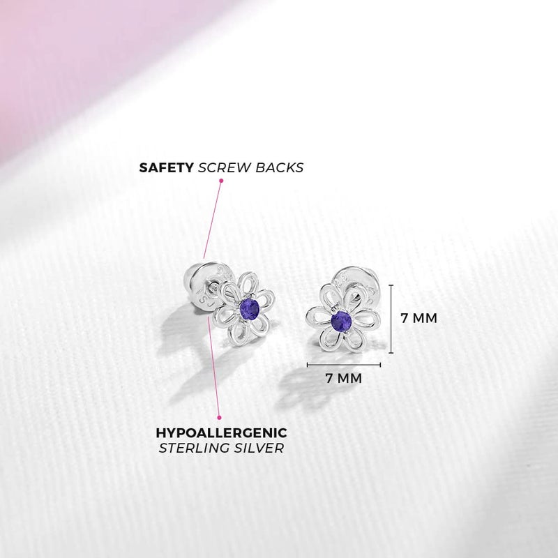 In Season Jewelry 925 Sterling Silver 7mm Sparkling Purple Flower Shaped Cubic Zirconia Earrings with Screw Back Locking Stud - Hypoallergenic for Sensitive Ears Excellent for Toddler, Young Girls & Little Girls - Image 4