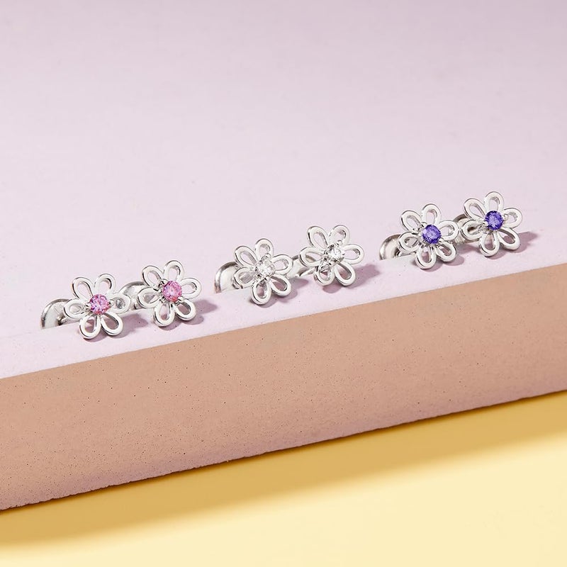 In Season Jewelry 925 Sterling Silver 7mm Sparkling Purple Flower Shaped Cubic Zirconia Earrings with Screw Back Locking Stud - Hypoallergenic for Sensitive Ears Excellent for Toddler, Young Girls & Little Girls - Image 5
