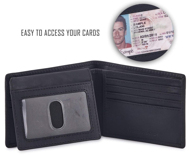 Cochoa Bifold Wallet for Men's Real Genuine Slim Leather RFID Blocking 2 ID Windows Stylish Travel Gift Box (CRAZY HORSE, BLACK) - Image 2