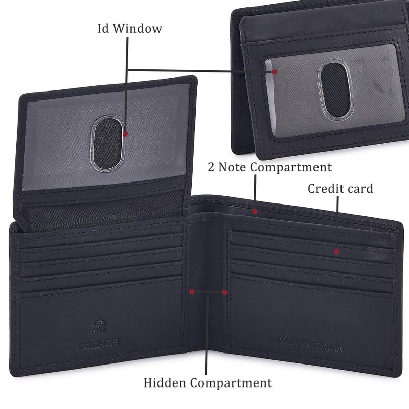 Cochoa Bifold Wallet for Men's Real Genuine Slim Leather RFID Blocking 2 ID Windows Stylish Travel Gift Box (CRAZY HORSE, BLACK) - Image 4