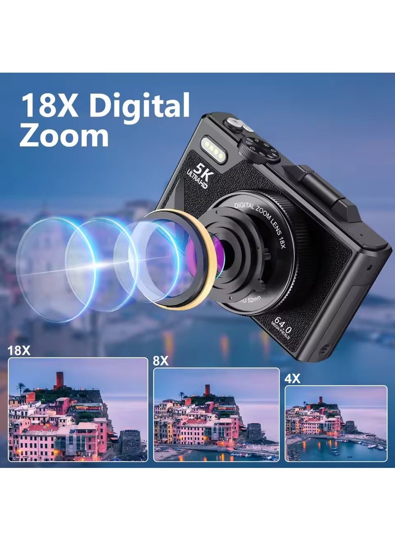 Generic 75MP Digital Camera for Photography and Video, 5K Vlogging Camera for YouTube with 3'' Flip Screen, 18X Digital Zoom Digital Camera for Gift, Compact Anti Shake Vlogging Camera for Live Streaming Travel Photography, with 64GB SD Card, 2 Battery  - Image 3