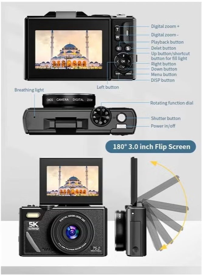 Generic - 75MP Digital Camera for Photography and Video, 5K Vlogging Camera for YouTube with 3'' Flip Screen, 18X Digital Zoom Digital Camera for Gift, Compact Anti Shake Vlogging Camera for Live Streaming Travel Photography, with 64GB SD Card, 2 Battery - Image 1