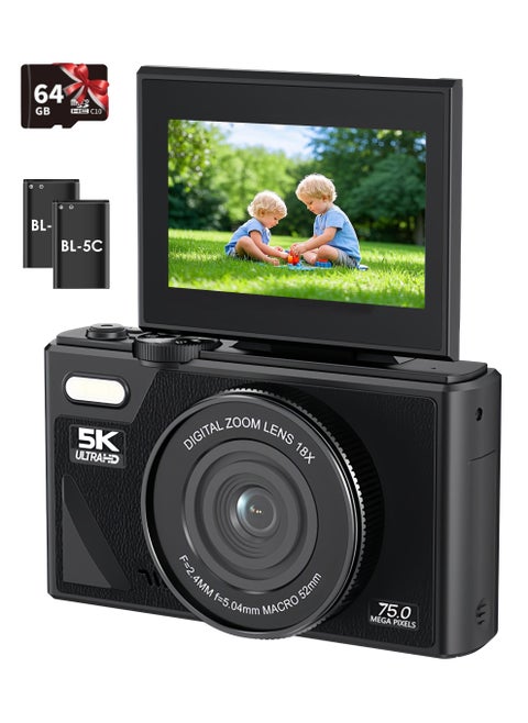 75MP Digital Camera for Photography and Video, 5K Vlogging Camera for YouTube with 3'' Flip Screen, 18X Digital Zoom Digital Camera for Gift, Compact Anti Shake Vlogging Camera for Live Streaming Travel Photography, with 64GB SD Card, 2 Battery