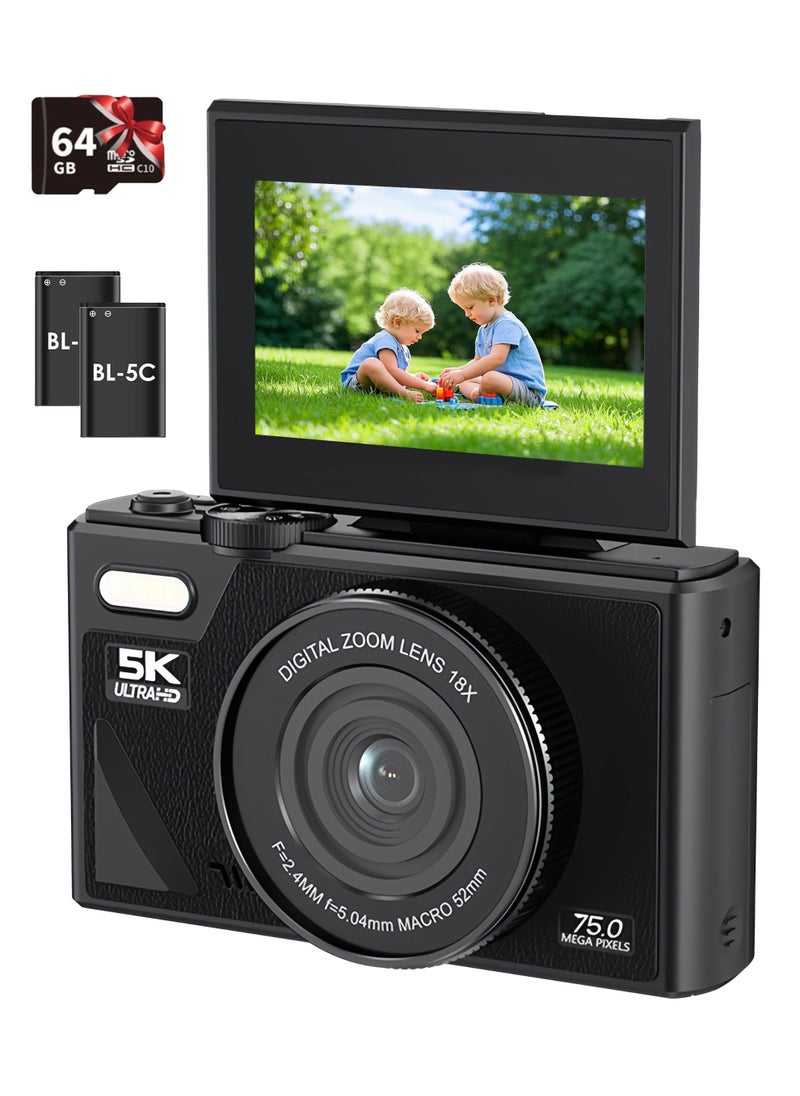 Generic 75MP Digital Camera for Photography and Video, 5K Vlogging Camera for YouTube with 3'' Flip Screen, 18X Digital Zoom Digital Camera for Gift, Compact Anti Shake Vlogging Camera for Live Streaming Travel Photography, with 64GB SD Card, 2 Battery  - Image 1