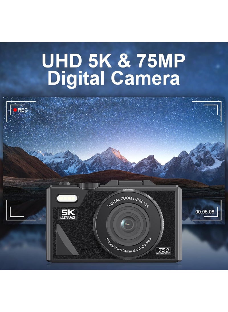 Generic 75MP Digital Camera for Photography and Video, 5K Vlogging Camera for YouTube with 3'' Flip Screen, 18X Digital Zoom Digital Camera for Gift, Compact Anti Shake Vlogging Camera for Live Streaming Travel Photography, with 64GB SD Card, 2 Battery  - Image 2