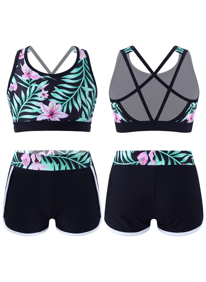 2Pcs Kids Girls Printed Swimsuit Outfit U Neck Strappy Back Crop Top with Boyshorts Shorts Bottoms Set Swimsuit for Beach Pool Swimming Bathing Suit