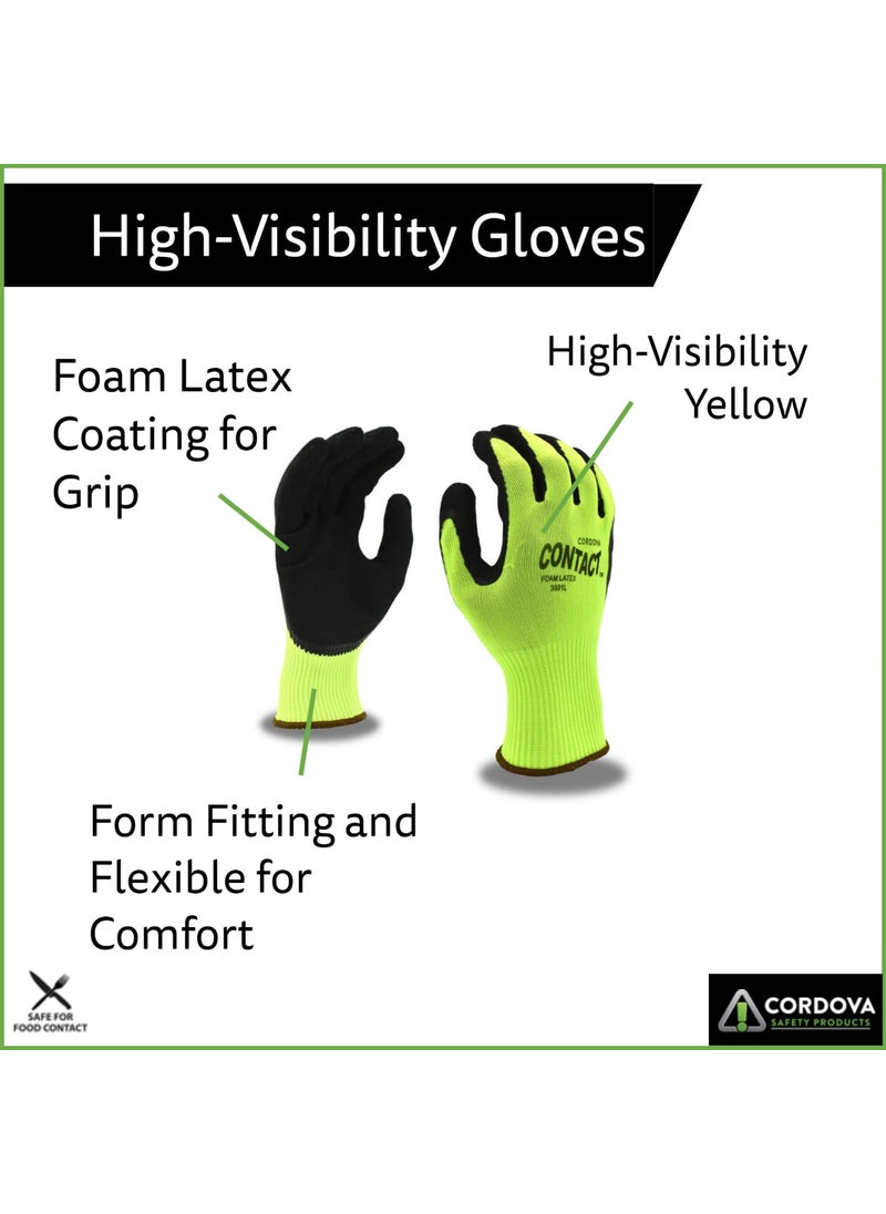 Cordova Cordova 3991L Contact Gloves 13Gauge HiVis Green Nylon Shell Black Foam Latex Palm Coating Large 12PackBlue  - Image 2