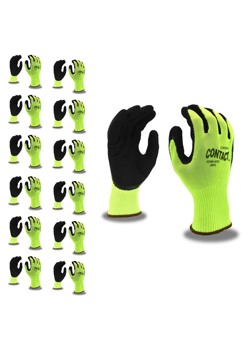 Cordova Cordova 3991L Contact Gloves 13Gauge HiVis Green Nylon Shell Black Foam Latex Palm Coating Large 12PackBlue  - Image 1
