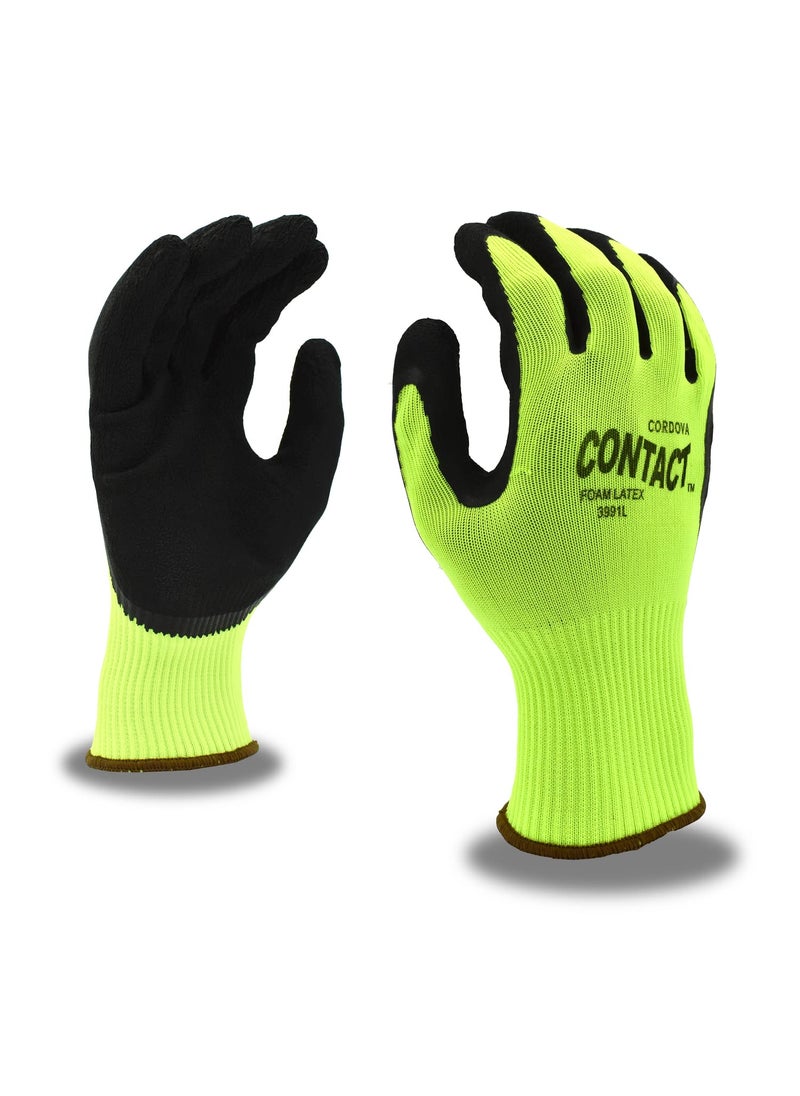 Cordova Cordova 3991L Contact Gloves 13Gauge HiVis Green Nylon Shell Black Foam Latex Palm Coating Large 12PackBlue  - Image 4