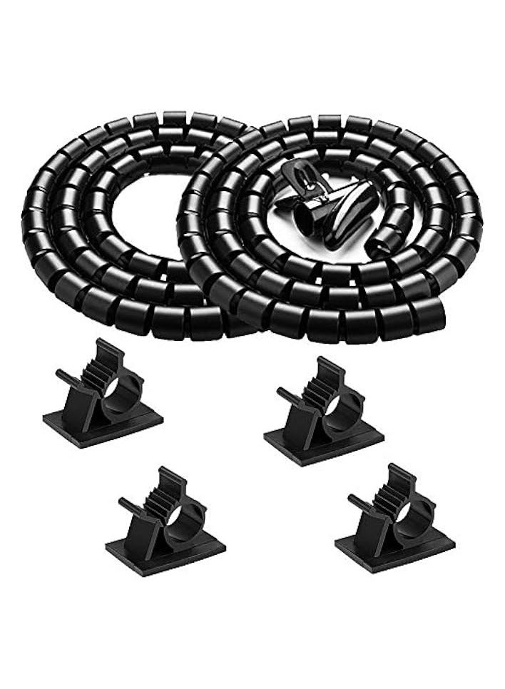erorex Black Computer Cable Management Wire Cover Electrical Cord Hider Solutions 2 PCS, Tangle Free Sprial Cable Zipper Tube with 4 Adhesive Cable Clamps for TV Laptop Floor Home & Office  - Image 1