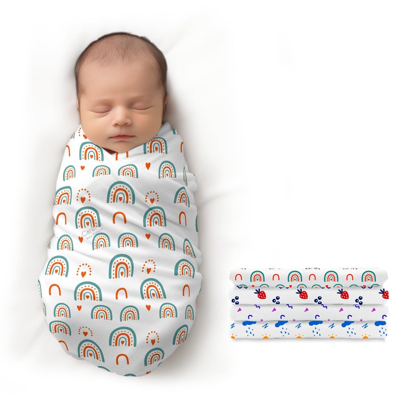 CARERIO 100% Cotton Baby Swaddle Set | Pack of 4 | Ultra-Soft & Breathable Wrap for Newborns | Multi-Purpose Burp Cloth, Nursing Cover, Stroller Shade, Towel | 114x 92cm | 0-18 Months (Abstract Life) - Image 1