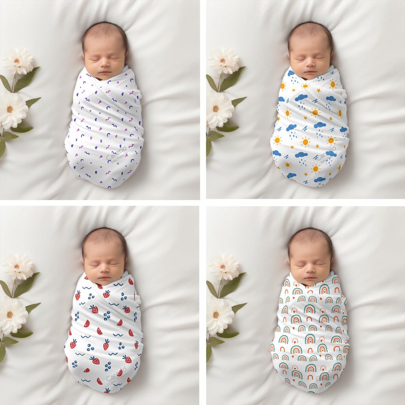 CARERIO 100% Cotton Baby Swaddle Set | Pack of 4 | Ultra-Soft & Breathable Wrap for Newborns | Multi-Purpose Burp Cloth, Nursing Cover, Stroller Shade, Towel | 114x 92cm | 0-18 Months (Abstract Life) - Image 2
