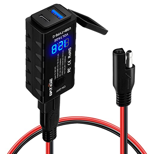 BATIGE شاحن دراجة نارية BATIGE USB محول SAE إلى USB نوع C وشحن سريع USB 3.0 مع فولت متر، مفتاح تشغيل/إيقاف وكابل تمديد SAE بطول 3.6 قدم، 3 خيارات تثبيت مقاومة للماء لجهاز GPS والهاتف الذكي والكاميرا - Image 1