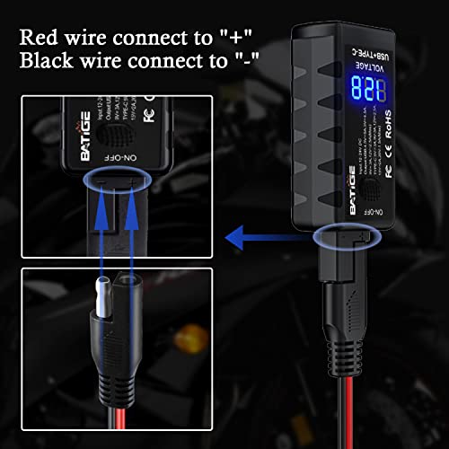 BATIGE شاحن دراجة نارية BATIGE USB محول SAE إلى USB نوع C وشحن سريع USB 3.0 مع فولت متر، مفتاح تشغيل/إيقاف وكابل تمديد SAE بطول 3.6 قدم، 3 خيارات تثبيت مقاومة للماء لجهاز GPS والهاتف الذكي والكاميرا - Image 3