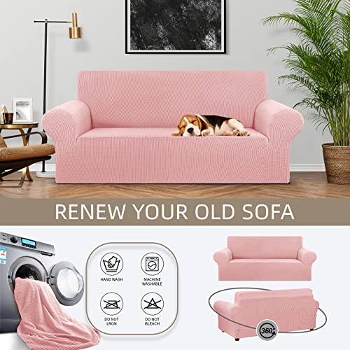 KEKUOU Stretch Loveseat Sofa Cover Slipcover,Couch Covers for 2 Cushion Couch Sofa (55"-78") Furniture Protector Sofa with Elastic Bottom for Kids,Dog. Jacquard Small Checked (Medium,Dusty Pink) - Image 3