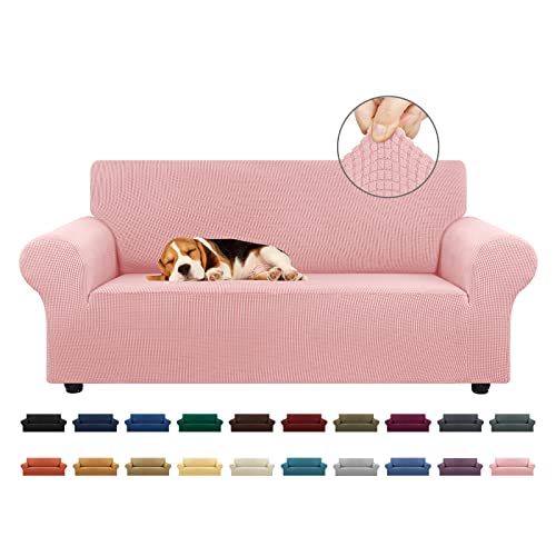 KEKUOU Stretch Loveseat Sofa Cover Slipcover,Couch Covers for 2 Cushion Couch Sofa (55"-78") Furniture Protector Sofa with Elastic Bottom for Kids,Dog. Jacquard Small Checked (Medium,Dusty Pink) - Image 1