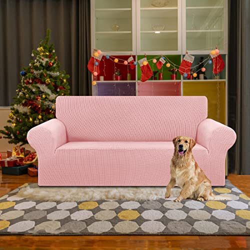 KEKUOU Stretch Loveseat Sofa Cover Slipcover,Couch Covers for 2 Cushion Couch Sofa (55"-78") Furniture Protector Sofa with Elastic Bottom for Kids,Dog. Jacquard Small Checked (Medium,Dusty Pink) - Image 2