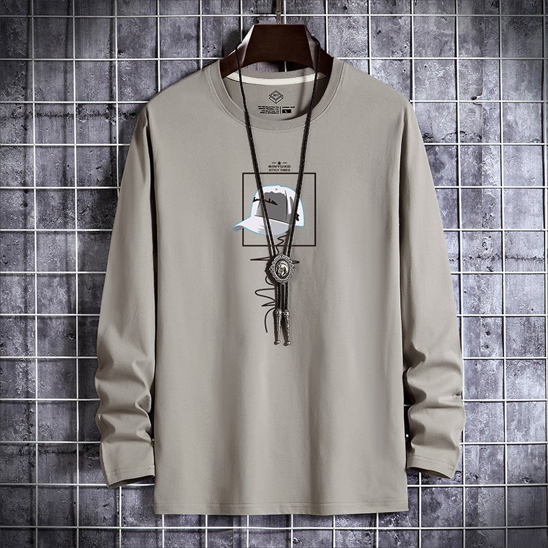 New Men's Long-Sleeved T-Shirt Printed Round Neck Slim-Fit Korean Base Shirt Young and Middle-aged Thin Autumn Fashionable Autumn T-Shirt - Image 1