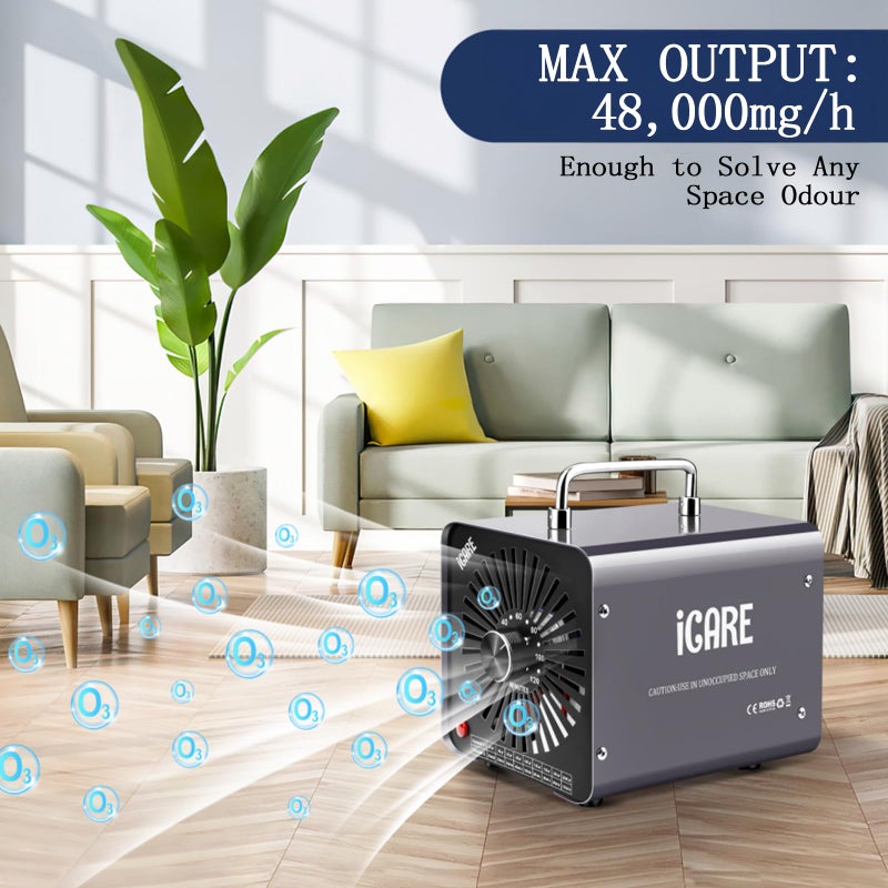 iCare Ozone Generator, 48,000mg/h Commercial Ozone Machine Odor Removal, High Capacity O3 Odor Eliminator Deodorizer with 120Min Timer for Home, Pet, Smoke, Car, Basements for 4000 Square Feet Grey - Image 2