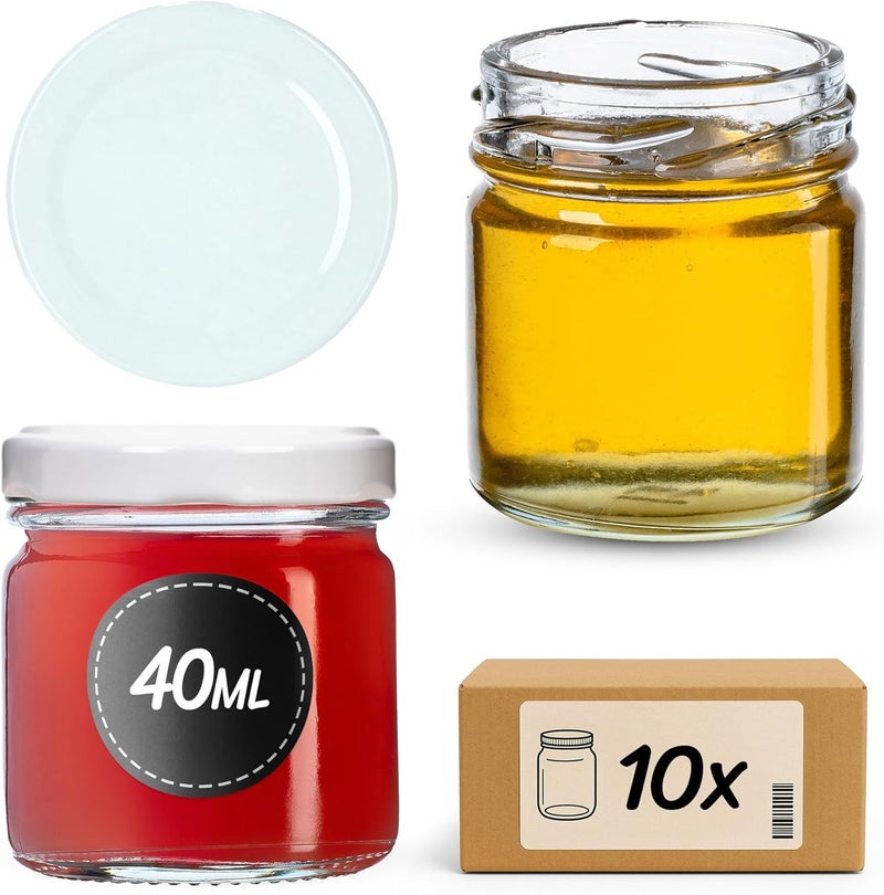 KADAX Preserving jars, 40 ml, mini preserving jars, spice jars with screw lids, jars, sample jars, jam jars, mini honey jars, round jars (pack of 10, white lids) - Image 1