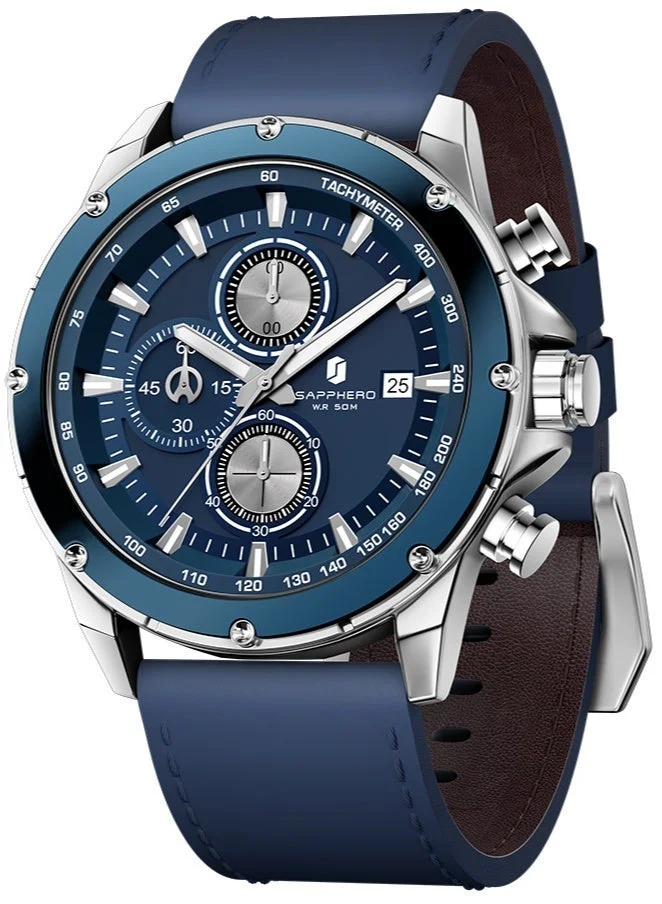 Sapphero Sapphero Watches Men's  Waterproof Men's Watch Men's Watches Chronograph Black/Blue Leather Silver/Black/Rose Gold Case Black/Blue Dial/Birthday/Father's Day Gift