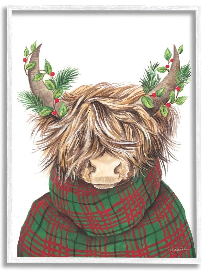 Home Trove Christmas Plaid Sweater Highland Cattle Festive Long Horns White Framed Wall Art, 24 X 30 - Image 1