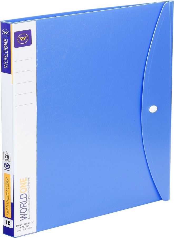 Worldone Multi-Utility Document Folder | 20 Top-Loading Sleeves, Snap Button Closure, Durable 0.75mm Virgin PP Sheet | Ideal for Office, School & College Organization | FC, Blue, Pack of 2 - Image 3