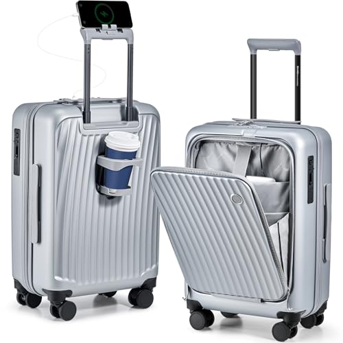 OIWAS 20 Inch Carry On Luggage, Front Pocket Carryon Suitcase with Phone Holder & Cup Holder, Airline Approved Hardshell Luggage with Double TSA Lock, USB Port, One-Click Brake, Silver - Image 1