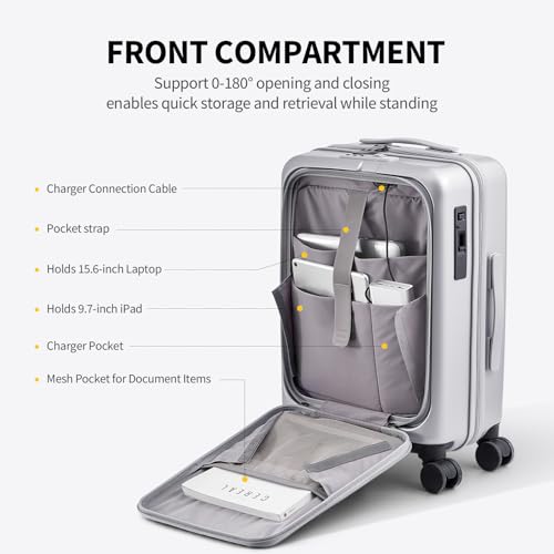 OIWAS 20 Inch Carry On Luggage, Front Pocket Carryon Suitcase with Phone Holder & Cup Holder, Airline Approved Hardshell Luggage with Double TSA Lock, USB Port, One-Click Brake, Silver - Image 5