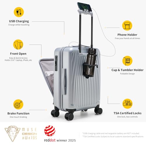 OIWAS 20 Inch Carry On Luggage, Front Pocket Carryon Suitcase with Phone Holder & Cup Holder, Airline Approved Hardshell Luggage with Double TSA Lock, USB Port, One-Click Brake, Silver - Image 4