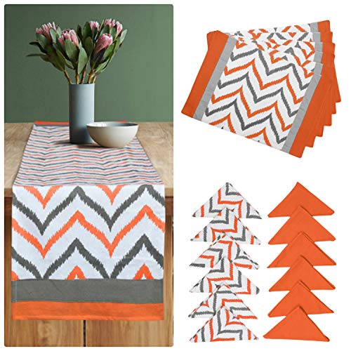 Dekor World Chevron Printed Orange Cotton Table Runner with 6 Pcs Place Mat and Napkin (33x180cm/33x47cm/45x45cm) (Pack of 19 Pcs)-6 Seater Dinning & Center Table - Image 1