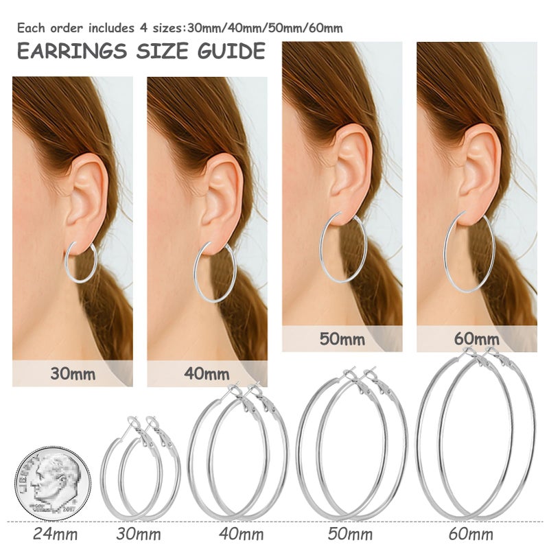 YINCUO 4 Pairs Stainless Steel Hoop Silver 30/40/50/60 mm Earrings for Women Hoops Hypoallergenic Thin Lightweight Dangle Set - Image 2