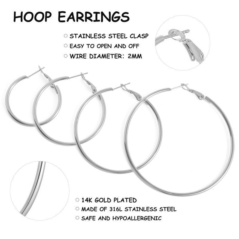 YINCUO 4 Pairs Stainless Steel Hoop Silver 30/40/50/60 mm Earrings for Women Hoops Hypoallergenic Thin Lightweight Dangle Set - Image 3
