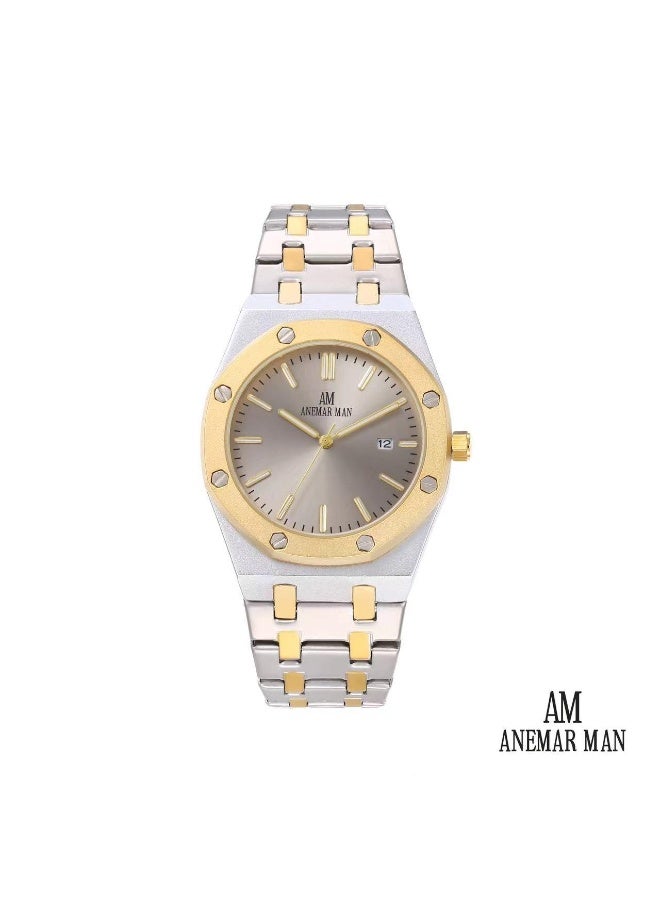 ANEMAR MAN Men's stainless steel wristwatch, water resistant and high quality, with a silver and gold strap and a gray dial.
