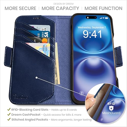 Dreem for iPhone 15 Pro Max Case Wallet, Revolutionary Phone Stand, Vegan Leather, MagSafe-Fit, Magnetic Detachable Flip Cover, RFID Blocking Card Holder, Gift-Box [Fibonacci:Royal] - Image 2