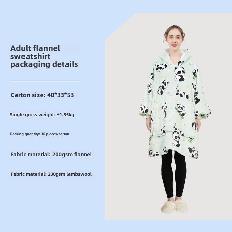 Oversized Hoodie Blanket Flannel Couples Loungewear Green Panda-Adult Double Deck 