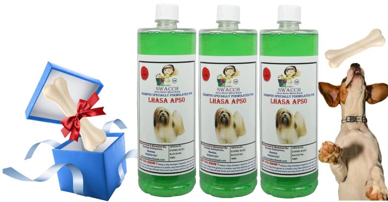 swacch Shampoo | Puppy Safe Shampoo | Lhasa Apso Dog Shampoo (1 Litre) (Pack of 3) Neem Alovera + Large White Bone | Dog Chew Bones | Teething chew Toy | Dental Teething | Combo Pack - Image 1