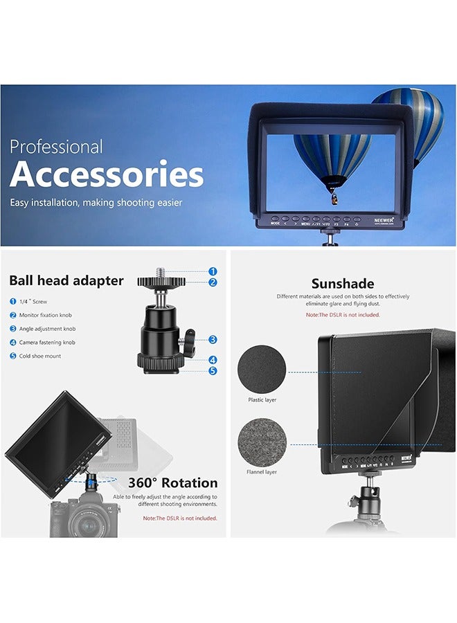 Neewer F100 7inch Camera Field Monitor HD Video Assist IPS 1280x800 HDMI Input 1080p with Sunshade and Ball Head for DSLR Cameras, Handheld Stabilizer, Film Video Making Rig (Battery Not Included)  - Image 5