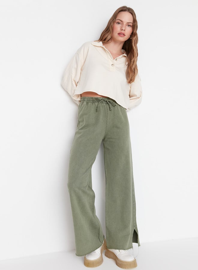 trendyol Khaki with an faded/faded effect Wide Leg/Wide Legs Normal Waist Thin, Knitted Sweatpants TWOAW22EA0426. - Image 3