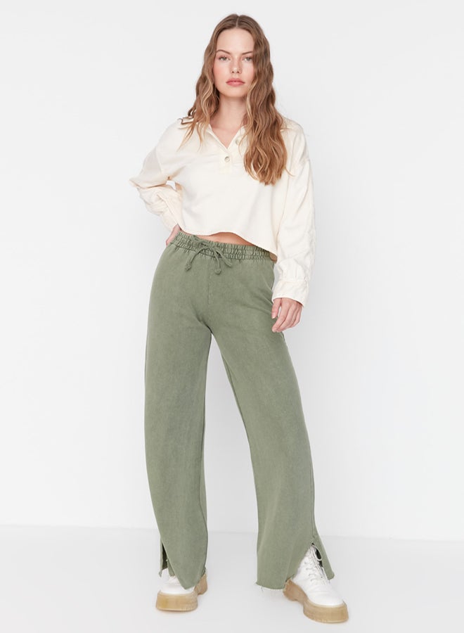 trendyol Khaki with an faded/faded effect Wide Leg/Wide Legs Normal Waist Thin, Knitted Sweatpants TWOAW22EA0426. - Image 1