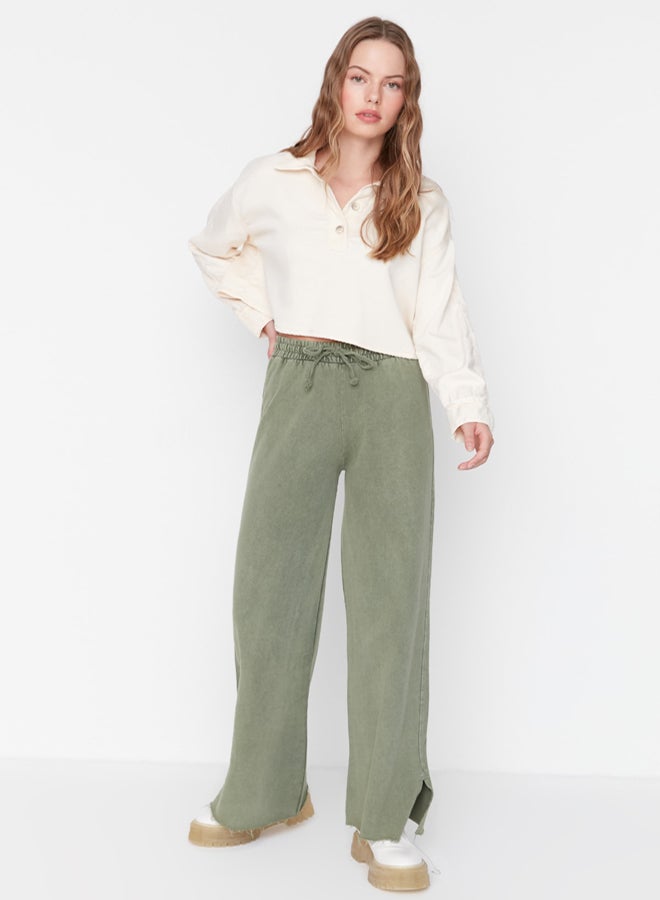 trendyol Khaki with an faded/faded effect Wide Leg/Wide Legs Normal Waist Thin, Knitted Sweatpants TWOAW22EA0426. - Image 2