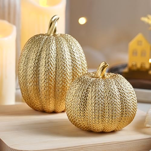 FESTGLOX Pumpkin Fall Decor Indoor - Gold Pumpkin for Decorating, 2Pcs Resin Pumpkins Decor with Woven Effect, Thanksgiving Table Centerpiece, Fireplace, Autumn Harvest Party Decorations - Image 1