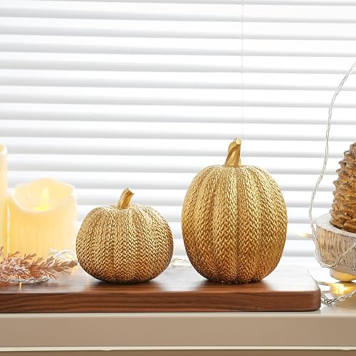 FESTGLOX Pumpkin Fall Decor Indoor - Gold Pumpkin for Decorating, 2Pcs Resin Pumpkins Decor with Woven Effect, Thanksgiving Table Centerpiece, Fireplace, Autumn Harvest Party Decorations - Image 4
